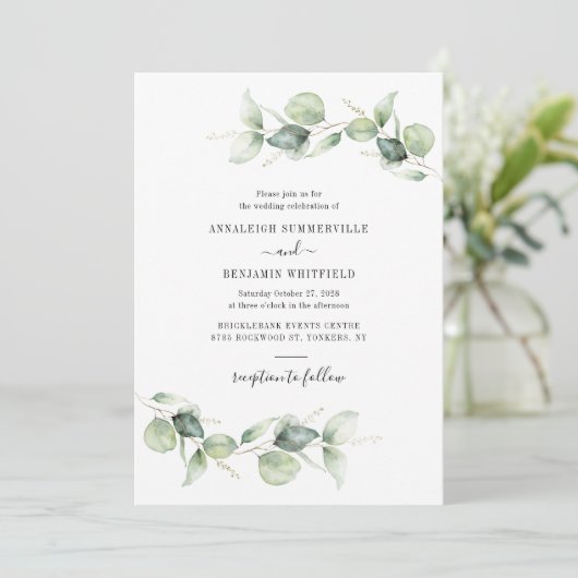 Eukalyptus Foliage Greenerity Script Wedding Einladung (Stehend Vorderseite)