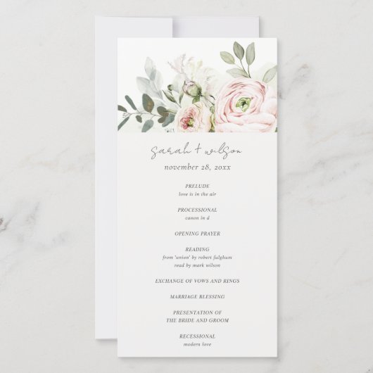 Eukalyptus Foliage Hochzeitsprogramm für Blush Peo Dankeskarte (Vorderseite)