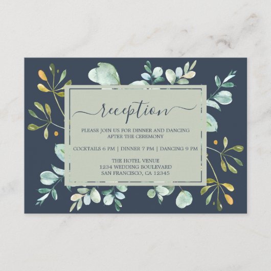 Eukalyptus Foliage Navy Botanische Hochzeit Begleitkarte (Vorderseite)