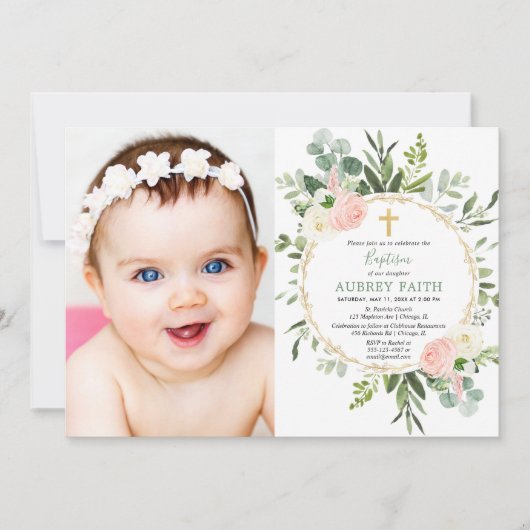 Eukalyptus foliage pink elegante Girl Taufe Foto Einladung (Vorderseite)