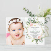 Eukalyptus foliage pink elegante Girl Taufe Foto Einladung (Stehend Vorderseite)