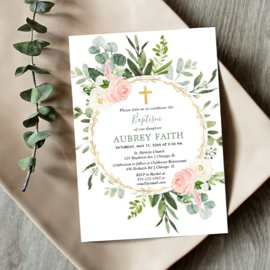 Eukalyptus foliage pink elegante Mädchen Taufe Einladung