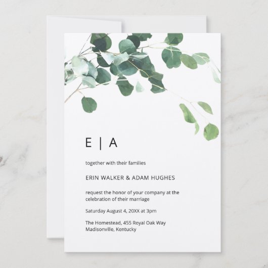 Eukalyptus Foliage Rustic Kraft Initials Wedding Einladung (Vorderseite)