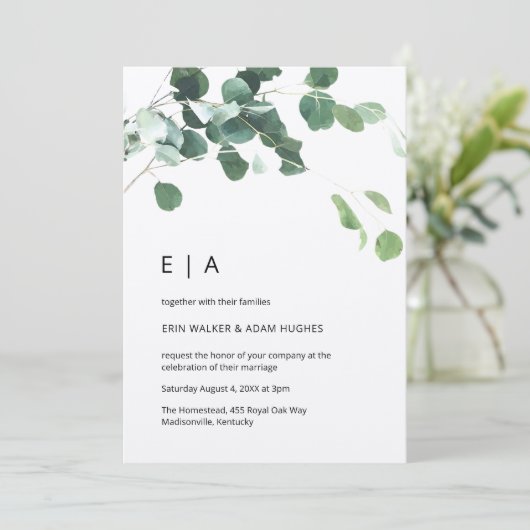 Eukalyptus Foliage Rustic Kraft Initials Wedding Einladung (Stehend Vorderseite)