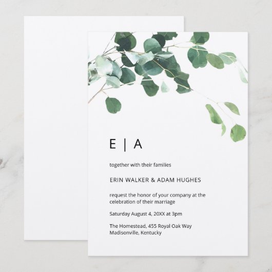 Eukalyptus Foliage Rustic Kraft Initials Wedding Einladung (Vorne/Hinten)