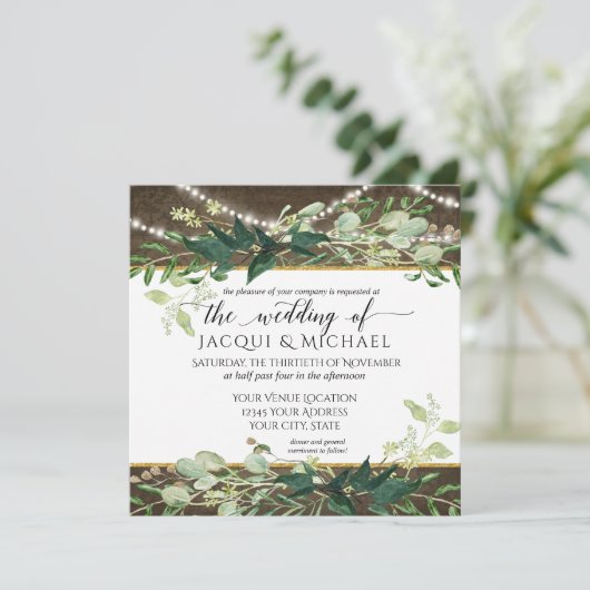 Eukalyptus Foliage Rustic Lights Weinkellerei Hoch Einladung (Stehend Vorderseite)