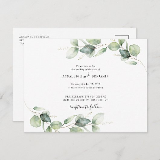 Eukalyptus Foliage Rustikale Hochzeit Einladungspostkarte (Vorne/Hinten)