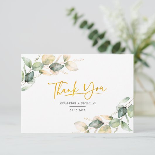 Eukalyptus Foliage Script Wedding Dankeskarte (Stehend Vorderseite)