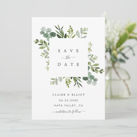 Eukalyptus Foliage Square Frame Save the Date Kart (Stehend Vorderseite)