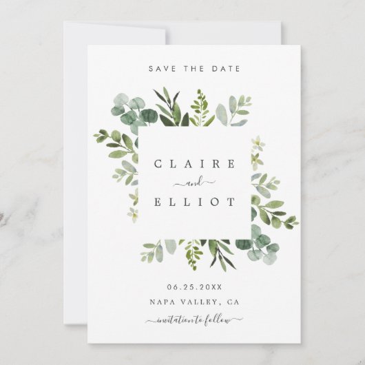 Eukalyptus Foliage Square Frame Save the Date Kart (Vorderseite)