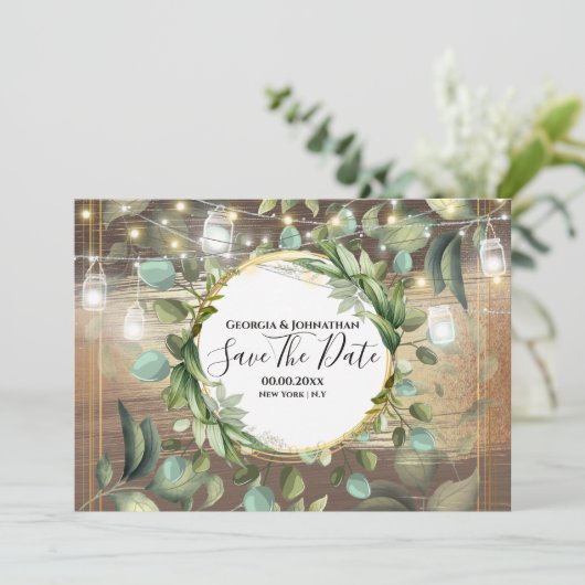 Eukalyptus foliage string lights Country rustikal Save The Date (Stehend Vorderseite)