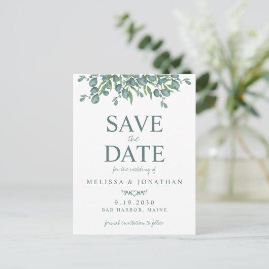 Eukalyptus Foliage Wedding Save the Date Postkarte (Stehend Vorderseite)