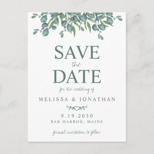 Eukalyptus Foliage Wedding Save the Date Postkarte (Vorderseite)