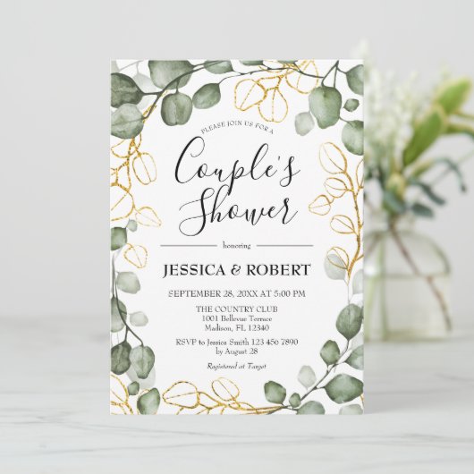 Eukalyptus Foliage Wreath Couples Dusche Einladung (Stehend Vorderseite)