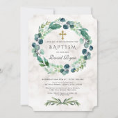 Eukalyptus Foliage Wreath Cross Marmorboy Taufe Einladung (Vorderseite)