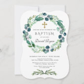 Eukalyptus Foliage Wreath Gold Cross Boy Taufe Einladung (Vorderseite)