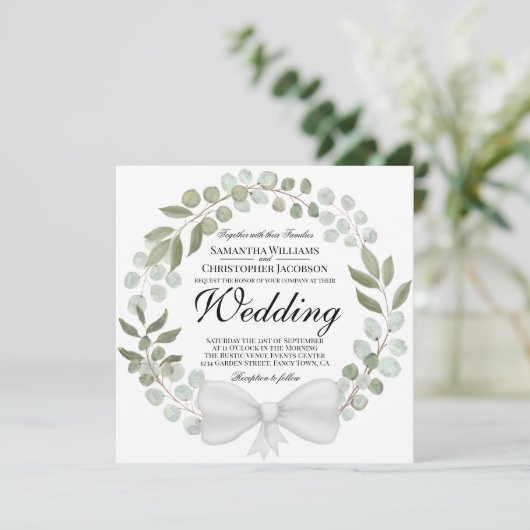 Eukalyptus & Foliage Wreath Wedding Einladung (Stehend Vorderseite)
