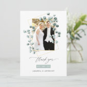 Eukalyptus Forest Geometric Wedding Foto Collage Dankeskarte (Stehend Vorderseite)