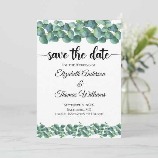 Eukalyptus Formal Elegant Save the Date Einladung (Stehend Vorderseite)