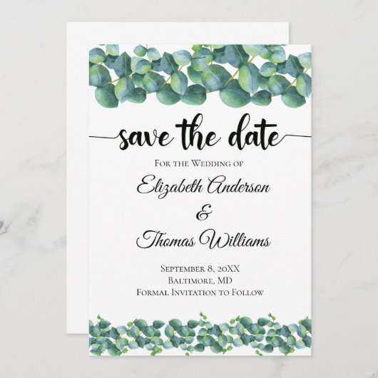 Eukalyptus Formal Elegant Save the Date Einladung (Vorne/Hinten)
