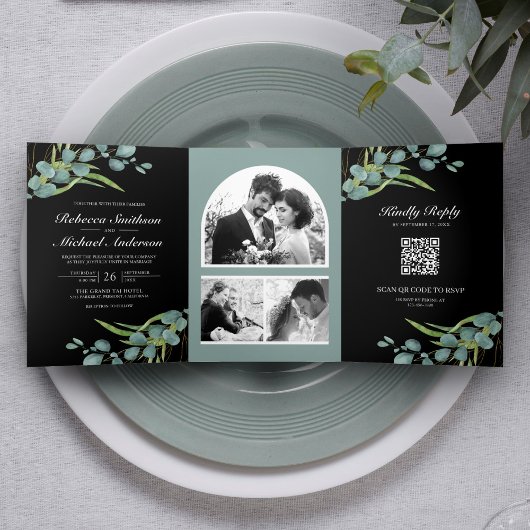 Eukalyptus Foto Collage QR Code Black Wedding Dreifach Gefaltete Einladung