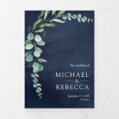 Eukalyptus Foto Collage QR Code Navy Blue Wedding Dreifach Gefaltete Einladung (Cover)