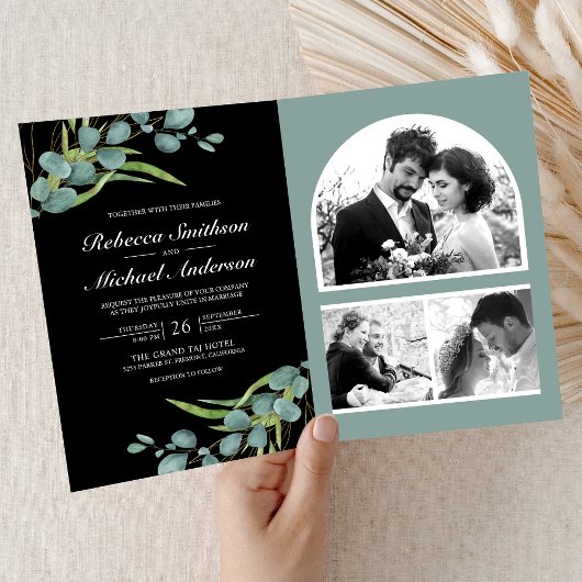 Eukalyptus-Foto-Collage QR-Code schwarze Hochzeit Einladung