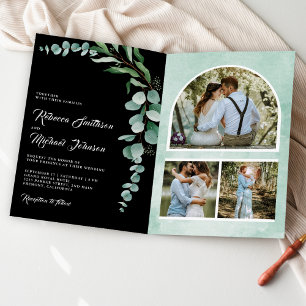 Eukalyptus-Foto-Collage QR-Code schwarze Hochzeit Einladung
