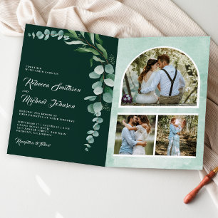 Eukalyptus-Foto-Collage-QR-Code Smaragd-Hochzeit Einladung