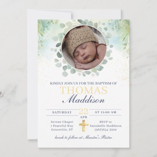 Eukalyptus-Foto Cross Watercolor-Taufe Einladung (Vorderseite)