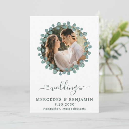 Eukalyptus Foto Greenery QR Code Wedding Einladung (Stehend Vorderseite)
