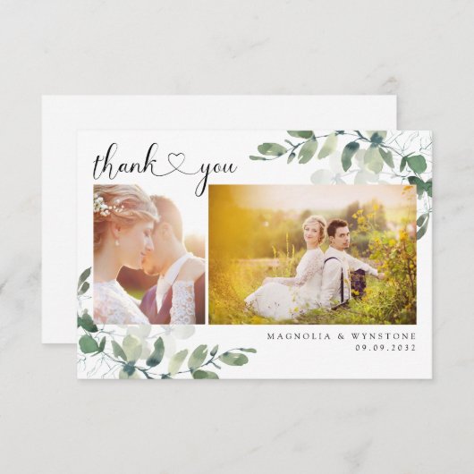 Eukalyptus Foto Herz Moderne Hochzeit Dankeskarte (Vorne/Hinten)
