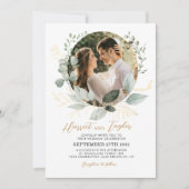 Eukalyptus-Foto Hochzeit in edlem Gold und Grün Einladung (Vorderseite)