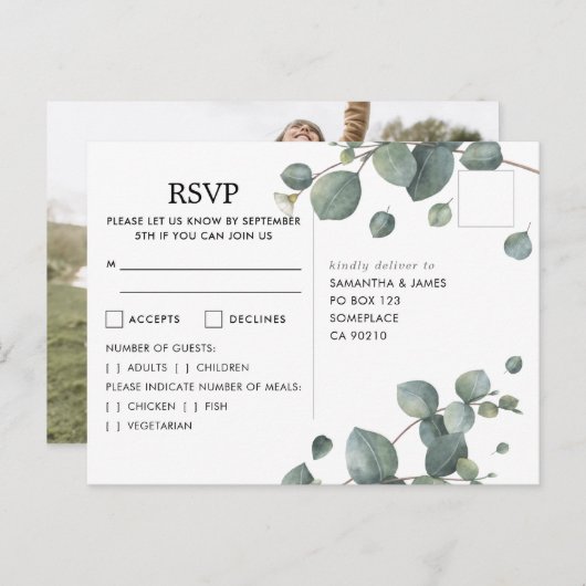 Eukalyptus-Foto Hochzeit RSVP Postkarte (Vorne/Hinten)