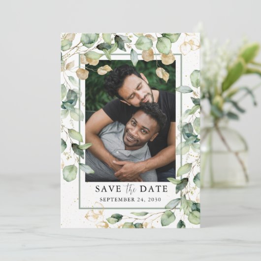 Eukalyptus Foto LGBTQ Save The Date (Stehend Vorderseite)