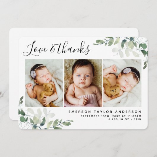 Eukalyptus-Foto Liebe & Dank Geburtsankündigung Dankeskarte (Vorne/Hinten)