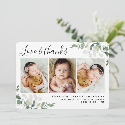 Eukalyptus-Foto Liebe & Dank Geburtsankündigung Dankeskarte (Stehend Vorderseite)