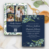 Eukalyptus-Foto QR Code Navy Blue Wedding Einladung