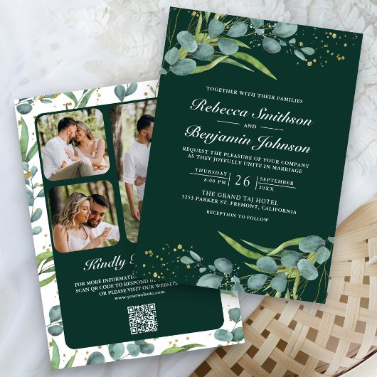 Eukalyptus Foto QR Code Smaragdgrüne Hochzeit Einladung