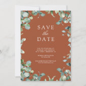 Eukalyptus Foto QR Code Terracotta Wedding Save The Date (Vorderseite)