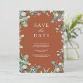 Eukalyptus Foto QR Code Terracotta Wedding Save The Date (Stehend Vorderseite)