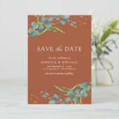 Eukalyptus Foto Terracotta Wedding Save The Date (Stehend Vorderseite)