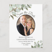 Eukalyptus & Foto White Wedding Save the Date Ankündigungspostkarte (Vorderseite)