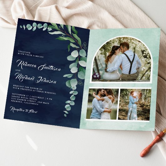 Eukalyptus-Fotocollage QR-Code Marineblau Hochzeit Einladung