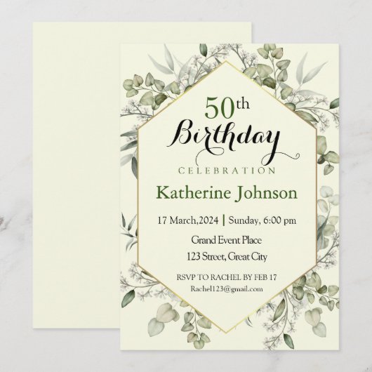 Eukalyptus Frame Einfache Einladung zum 50. Geburt (Vorne/Hinten)