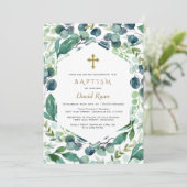 Eukalyptus Frame Gold Cross Boy Taufe Einladung (Stehend Vorderseite)