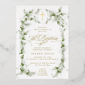 Eukalyptus Frame Gold Cross Taufen Foil Einladung (Vorderseite)