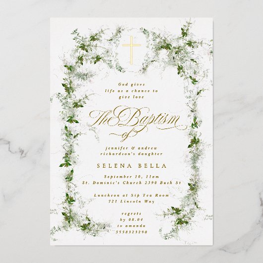 Eukalyptus Frame Gold Cross Taufen Foil Einladung (Vorderseite)