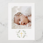 Eukalyptus Frame Gold Cross Taufen Foto Folieneinladung (Rückseite)