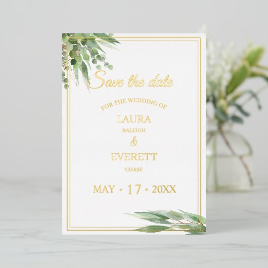 Eukalyptus Frame Green Gold Foliage Save the Date Folieneinladung (Stehend vorne)